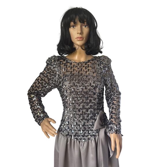 Vintage Cachet Bari Protas sequin formal prom dropwaist dress gray silver small - Picture 5 of 17